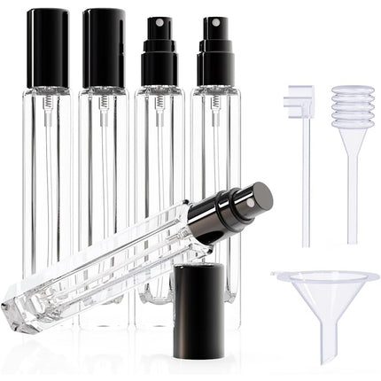 5-Piece Black Premium Glass Travel Perfume Atomizer Set - 10ml Portable Refillable Sprayers with Transfer Tools.