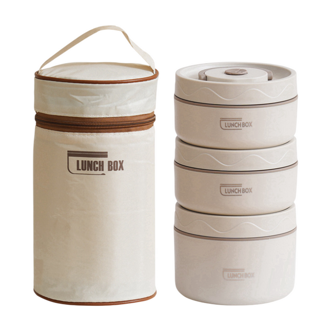 3-Pack Beige 304 Stainless Steel Microwave-Safe Lunch Box Set - Stackable Insulated Bento Containers for Office & School.
