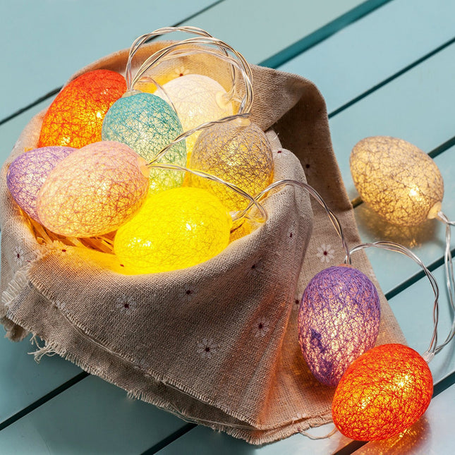 1.5M Easter Cotton Ball Egg String Lights (10 LED)  - Colorful Egg-Shaped Fairy Light Holiday Decor.