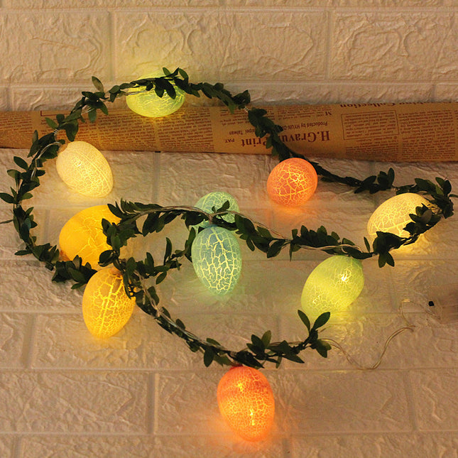 2M Easter Green Leaf & Pastel Egg String Lights (10-LED) - Artificial Vine Fairy Lights for Festival Indoor Decor.