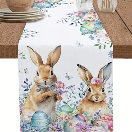 33 x 183 CM Festive Easter Linen Table Runner - Cartoon Bunny Table Runner & Stain-Resistant Primitive Home Decor (Style-1).
