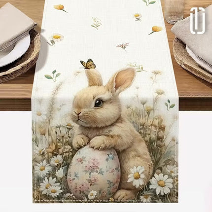 33 x 183 CM Festive Easter Linen Table Runner - Cartoon Bunny Table Runner & Stain-Resistant Primitive Home Decor (Style-2).
