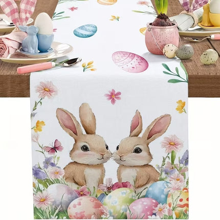 33 x 183 CM Festive Easter Linen Table Runner - Cartoon Bunny Table Runner & Stain-Resistant Primitive Home Decor (Style-4).