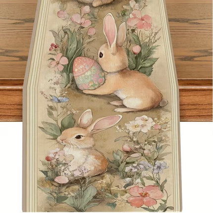 33 x 183 CM Festive Easter Linen Table Runner - Cartoon Bunny Table Runner & Stain-Resistant Primitive Home Decor (Style-6).