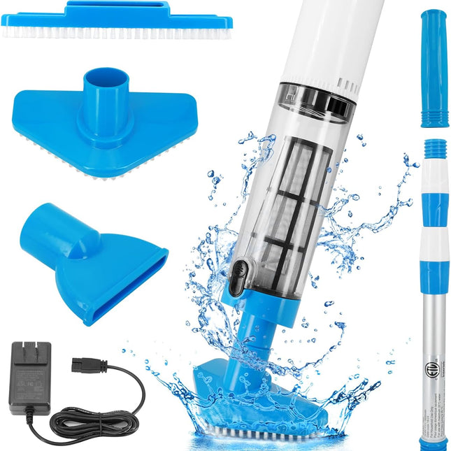 Blue and White Cordless Underwater Pool Vacuum with 3 Cleaning Heads & 164cm Extended Reach - Rechargeable Handheld Spa & Pond Cleaner.
