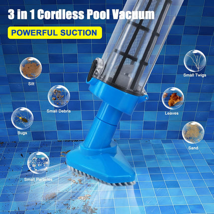 Blue and White Cordless Underwater Pool Vacuum with 3 Cleaning Heads & 164cm Extended Reach - Rechargeable Handheld Spa & Pond Cleaner.