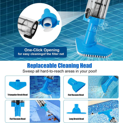 Blue and White Cordless Underwater Pool Vacuum with 3 Cleaning Heads & 164cm Extended Reach - Rechargeable Handheld Spa & Pond Cleaner.