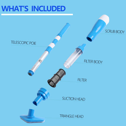 Blue and White Cordless Underwater Pool Vacuum with 3 Cleaning Heads & 164cm Extended Reach - Rechargeable Handheld Spa & Pond Cleaner.