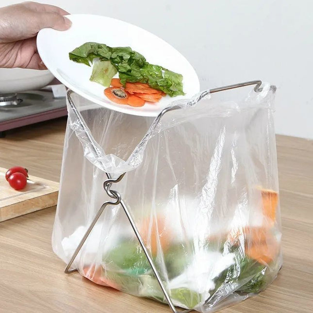 2-Pack Foldable Stainless Steel Trash Bag Holder (21 x 26 CM) - Multi-Functional Kitchen Countertop Organizer for Plastic Bag & Dishcloth.
