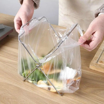 2-Pack Foldable Stainless Steel Trash Bag Holder (21 x 26 CM) - Multi-Functional Kitchen Countertop Organizer for Plastic Bag & Dishcloth.