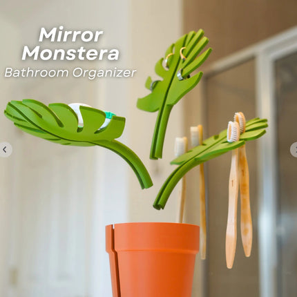 2 Set Mirror-Mount Half-Leaf Monstera Bathroom Organizer (Vase + 3 Leaves) - Decorative Home Vanity Set.