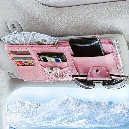 Pink Premium Leather Car Sun Visor Organizer - Secure Zippered Storage Pouch with Card, Document & Eyewear Clip.