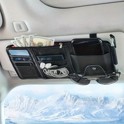 Black Premium Leather Car Sun Visor Organizer - Secure Zippered Storage Pouch with Card, Document & Eyewear Clip.