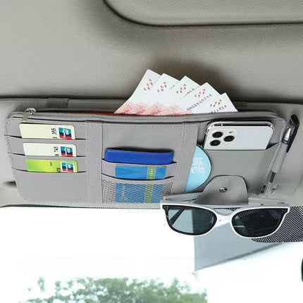 Grey Premium Leather Car Sun Visor Organizer - Secure Zippered Storage Pouch with Card, Document & Eyewear Clip.