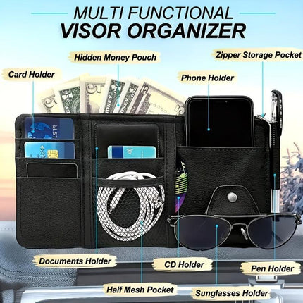 Grey Premium Leather Car Sun Visor Organizer - Secure Zippered Storage Pouch with Card, Document & Eyewear Clip.