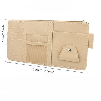 Grey Premium Leather Car Sun Visor Organizer - Secure Zippered Storage Pouch with Card, Document & Eyewear Clip.