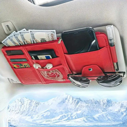 Red Premium Leather Car Sun Visor Organizer - Secure Zippered Storage Pouch with Card, Document & Eyewear Clip.