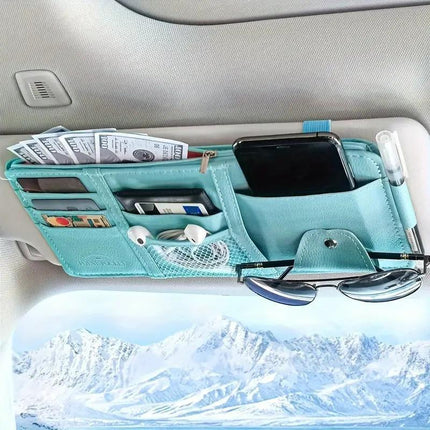 Blue Premium Leather Car Sun Visor Organizer - Secure Zippered Storage Pouch with Card, Document & Eyewear Clip.