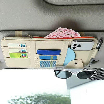Beige Premium Leather Car Sun Visor Organizer - Secure Zippered Storage Pouch with Card, Document & Eyewear Clip.