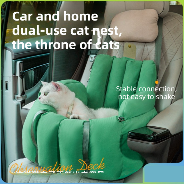 Green 2-in-1 Fluffy Travel Cat Bed & Car Safety Seat - Enclosed Windproof Pet Carrier with Reversible Summer/Winter Cushion, Reinforced Handle and Escape-Proof Leash.