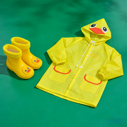 Kids Cartoon Rain Gear Set - Eco-Friendly Odorless Yellow Duck Raincoat & Matching 20cm Duck Rain Boots with Detachable Warm Cotton Liner.