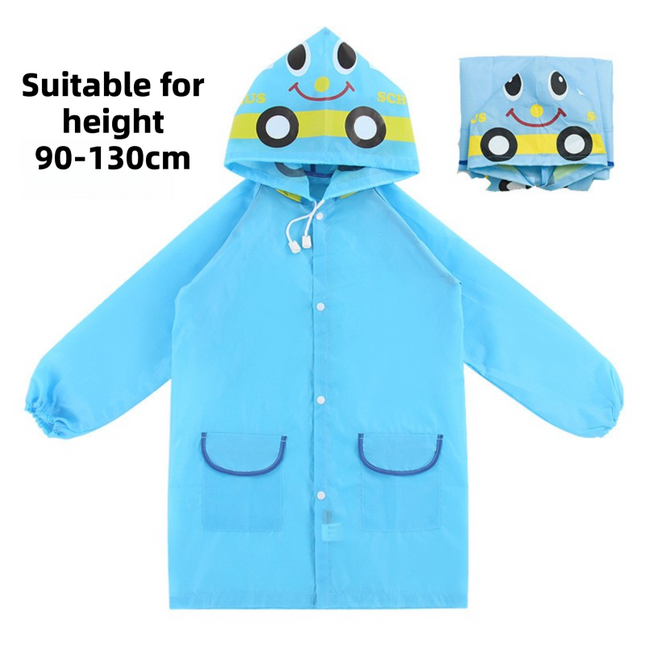 Blue Car Kids Cartoon Animal Raincoat - Waterproof Hooded Rain Poncho for Toddlers & Students (90-130CM Height).