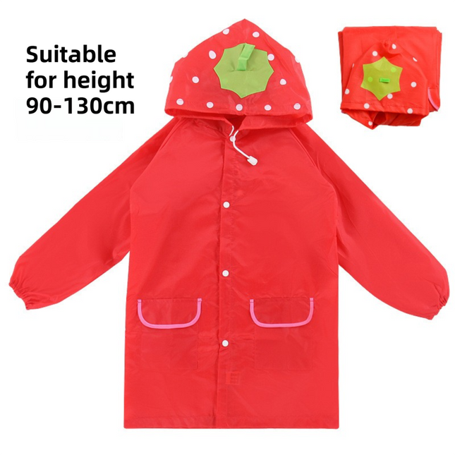 Red Strawberry Kids Cartoon Animal Raincoat - Waterproof Hooded Rain Poncho for Toddlers & Students (90-130CM Height).