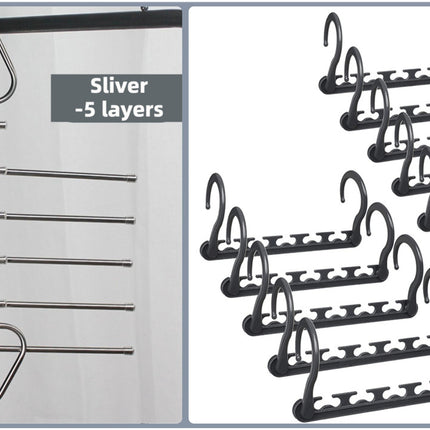 5-Tier Sliver Stainless Steel Pants Rack and 10-Pack Magic Cascading Hangers Set - Space-Saving Closet Organizer Kit.