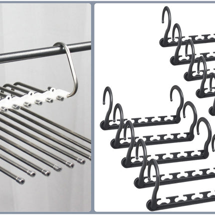 Ultimate Closet Space-Saver Set: 9-Tier Sliver Stainless Steel Retractable Pants Rack & 10-Pack Multi-Port Magic Hangers.