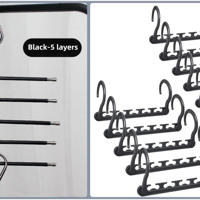 5-Tier Black Stainless Steel Pants Rack and 10-Pack Magic Cascading Hangers Set - Space-Saving Closet Organizer Kit.