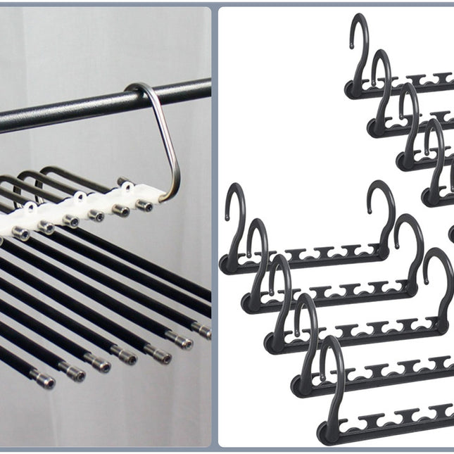 Ultimate Closet Space-Saver Set: 9-Tier Black Stainless Steel Retractable Pants Rack & 10-Pack Multi-Port Magic Hangers.