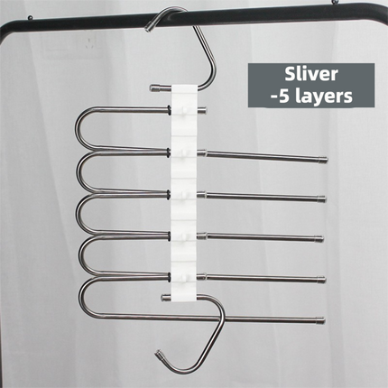 5-Layers Sliver Stainless Steel Pants Rack with Horizontal / Vertical Modes and Expandable Pull-Out Rods - High-Load Folding Magic Hanger.