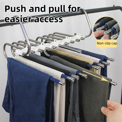 5-Layers Sliver Stainless Steel Pants Rack with Horizontal / Vertical Modes and Expandable Pull-Out Rods - High-Load Folding Magic Hanger.