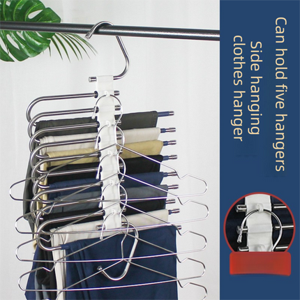 5-Layers Sliver Stainless Steel Pants Rack with Horizontal / Vertical Modes and Expandable Pull-Out Rods - High-Load Folding Magic Hanger.