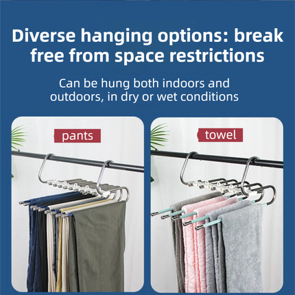 5-Layers Sliver Stainless Steel Pants Rack with Horizontal / Vertical Modes and Expandable Pull-Out Rods - High-Load Folding Magic Hanger.