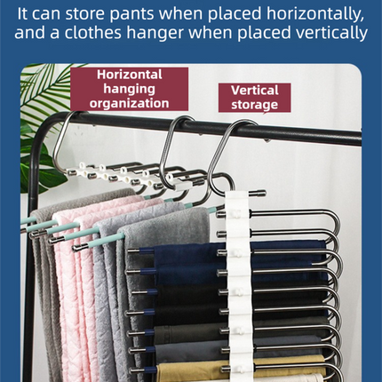 5-Layers Sliver Stainless Steel Pants Rack with Horizontal / Vertical Modes and Expandable Pull-Out Rods - High-Load Folding Magic Hanger.