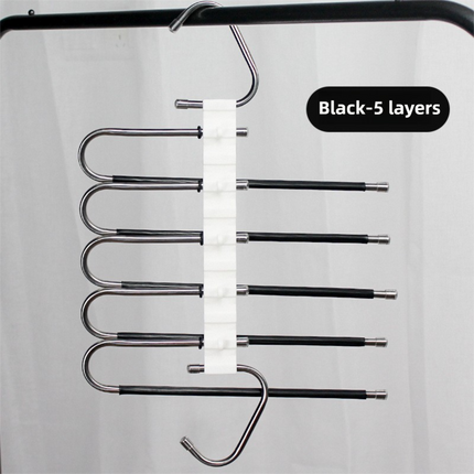 5-Layers Black Stainless Steel Pants Rack with Horizontal / Vertical Modes and Expandable Pull-Out Rods - High-Load Folding Magic Hanger.