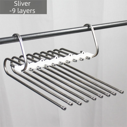 9-Layers Sliver Stainless Steel Pants Rack with Horizontal / Vertical Modes and Expandable Pull-Out Rods - High-Load Folding Magic Hanger.