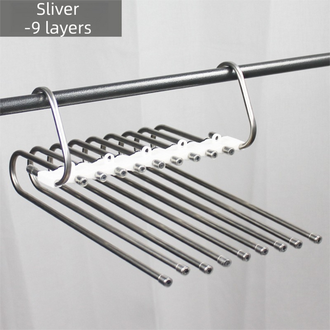 9-Layers Sliver Stainless Steel Pants Rack with Horizontal / Vertical Modes and Expandable Pull-Out Rods - High-Load Folding Magic Hanger.