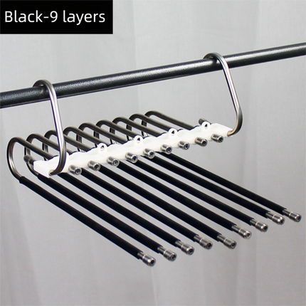 9-Layers Black Stainless Steel Pants Rack with Horizontal / Vertical Modes and Expandable Pull-Out Rods - High-Load Folding Magic Hanger.