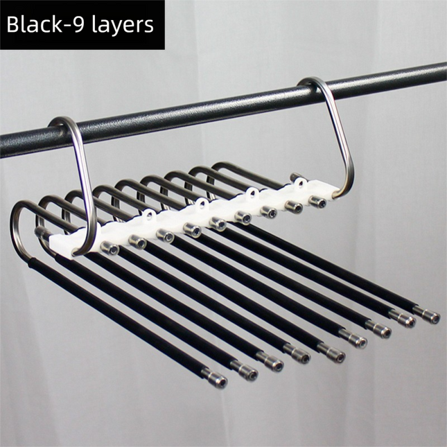 9-Layers Black Stainless Steel Pants Rack with Horizontal / Vertical Modes and Expandable Pull-Out Rods - High-Load Folding Magic Hanger.