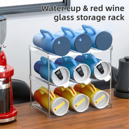 2-Tier Stackable Transparent Cup & Wine Organizer - Detachable Tumbler & Bottle Desktop Rack.