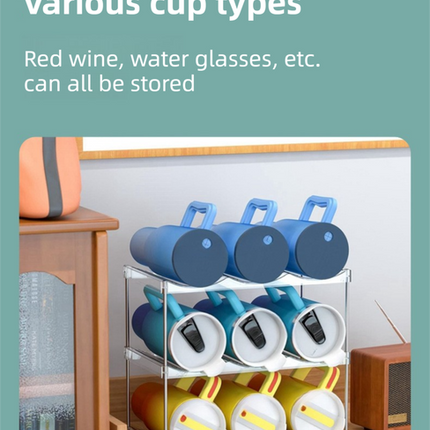2-Tier Stackable Transparent Cup & Wine Organizer - Detachable Tumbler & Bottle Desktop Rack.
