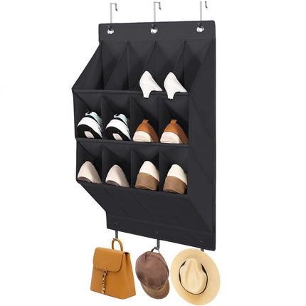 12-Pockets Black Collapsible Over-the-Door Hanging Storage Bag - Space-Saving Shoes & Sundries Wall Holder with Hooks.