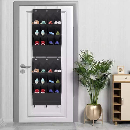 12-Pockets Black Collapsible Over-the-Door Hanging Storage Bag - Space-Saving Shoes & Sundries Wall Holder with Hooks.
