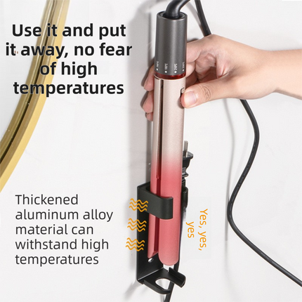 Large Black Wall-Mounted Aluminum Curling Iron Holder with Tidy Cord - Heat-Resistant Hair Straightener Storage Rack for Diameter ≥ 36mm.
