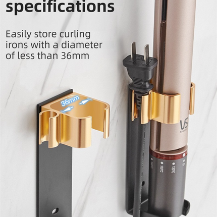 Large Black Wall-Mounted Aluminum Curling Iron Holder with Tidy Cord - Heat-Resistant Hair Straightener Storage Rack for Diameter ≥ 36mm.