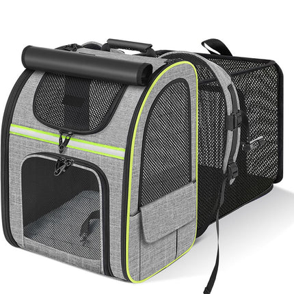 Grey and Green Large Expandable Cat Travel Backpack - Breathable & Collapsible Pet Carrier 62x34x43CM.
