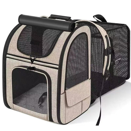 Khaki Large Expandable Cat Travel Backpack - Breathable & Collapsible Pet Carrier 62x34x43CM.