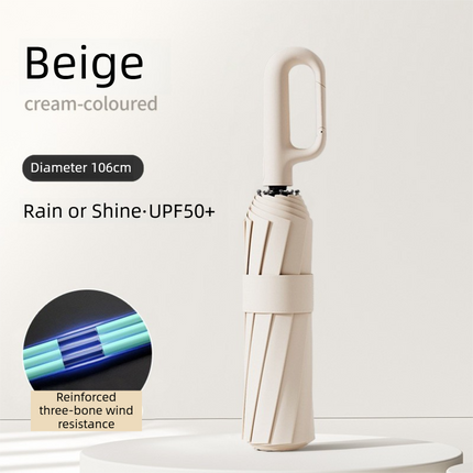 Beige Heavy Duty Fully Automatic Carabiner Umbrella with Integrated Hook Handle (Diameter 106CM) - Ultra Windproof and UV Protective Sun & Rain Umbrella.